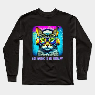 80s Music is my Therapy Neon Cat with Headphones Long Sleeve T-Shirt